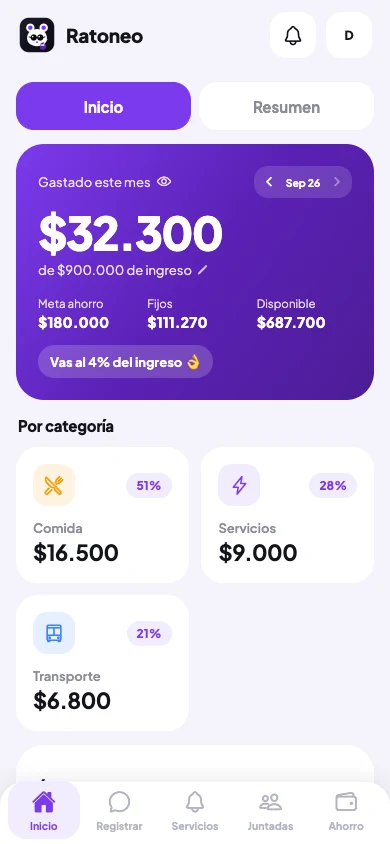 Inicio de Ratoneo con resumen mensual, disponible y gastos por categoría