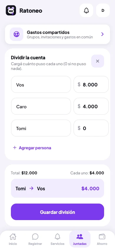 Pantalla de juntadas para repartir gastos entre amigos