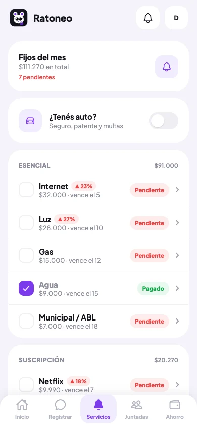 Pantalla de servicios y suscripciones con sus vencimientos
